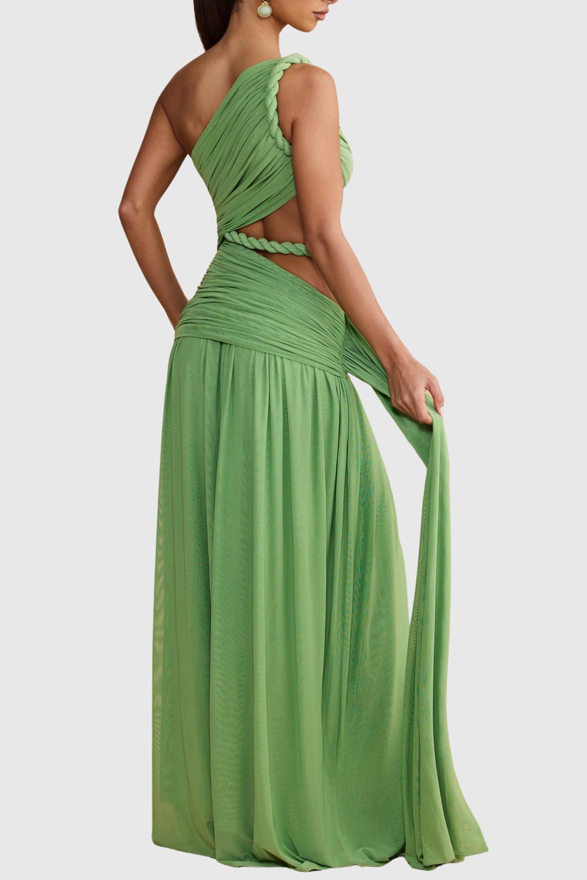 Vespera Asymmetric Cutout Rope Ruched Maxi Dress - Green
