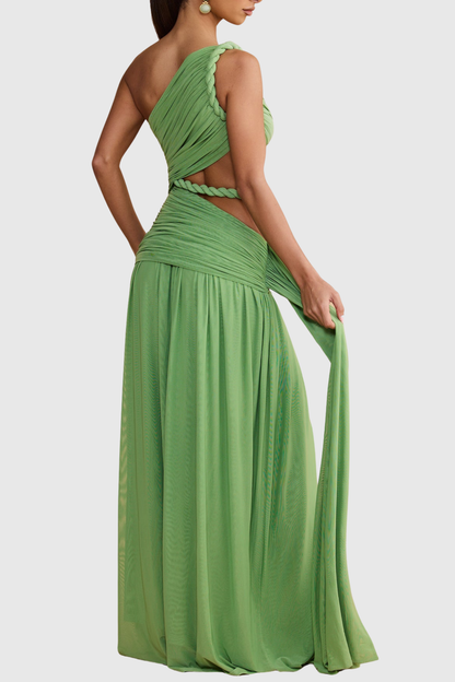 Vespera Asymmetric Cutout Rope Ruched Maxi Dress - Green