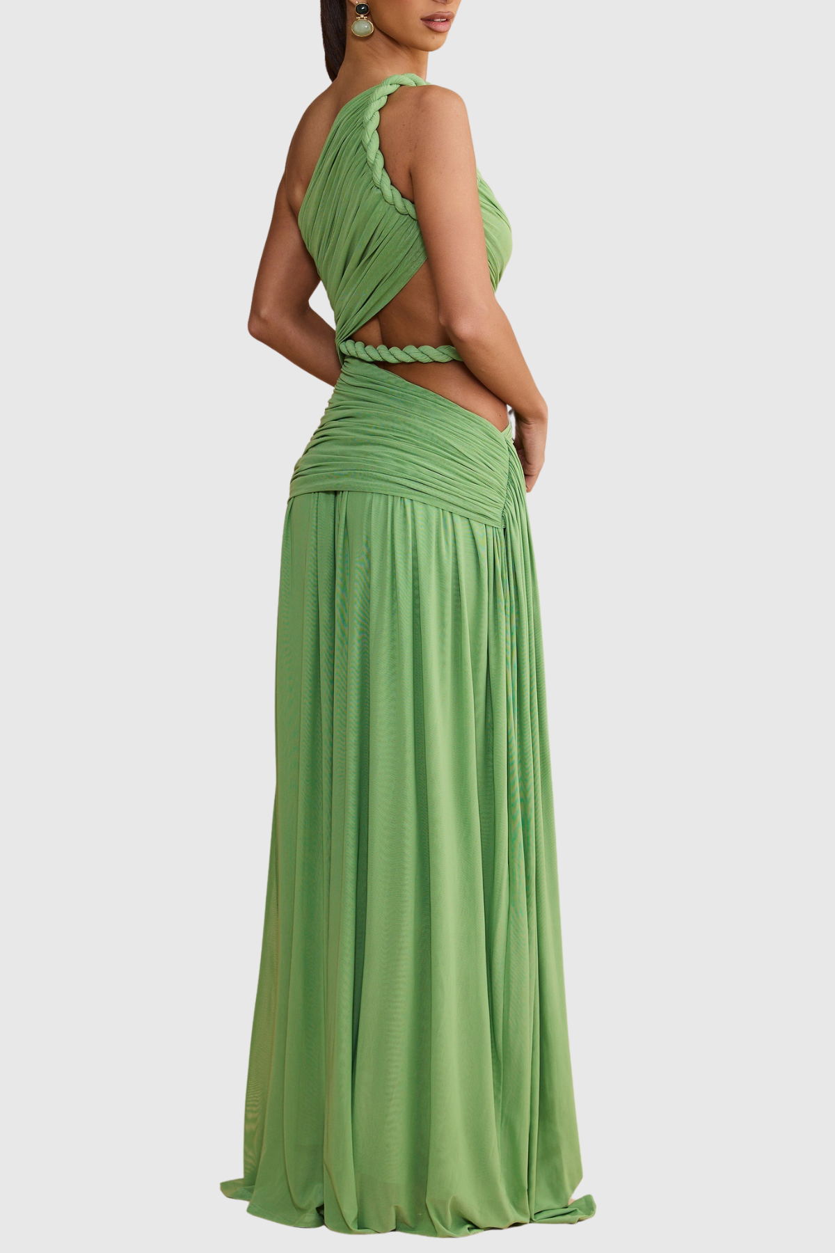 Vespera Asymmetric Cutout Rope Ruched Maxi Dress - Green