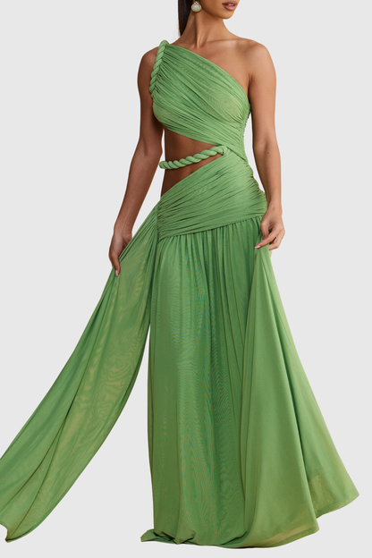 Vespera Asymmetric Cutout Rope Ruched Maxi Dress - Green