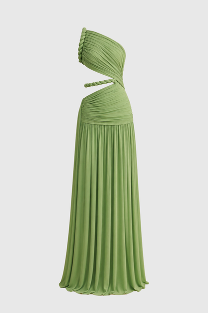Vespera Asymmetric Cutout Rope Ruched Maxi Dress - Green