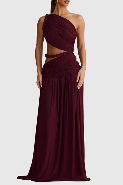 Vespera Asymmetric Cutout Rope Ruched Maxi Dress - Wine