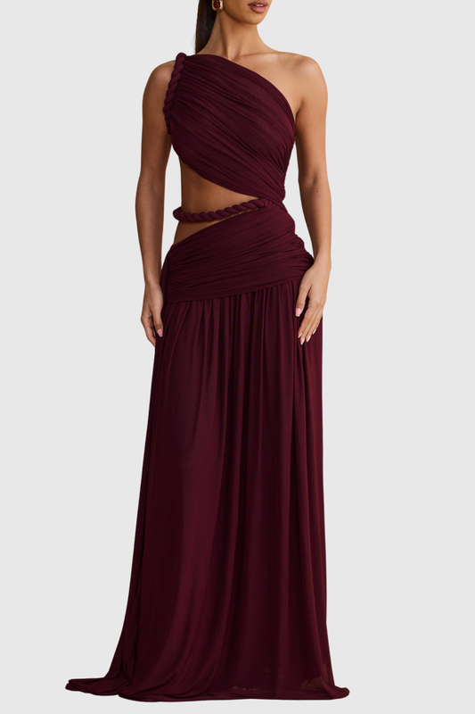 Vespera Asymmetric Cutout Rope Ruched Maxi Dress - Wine
