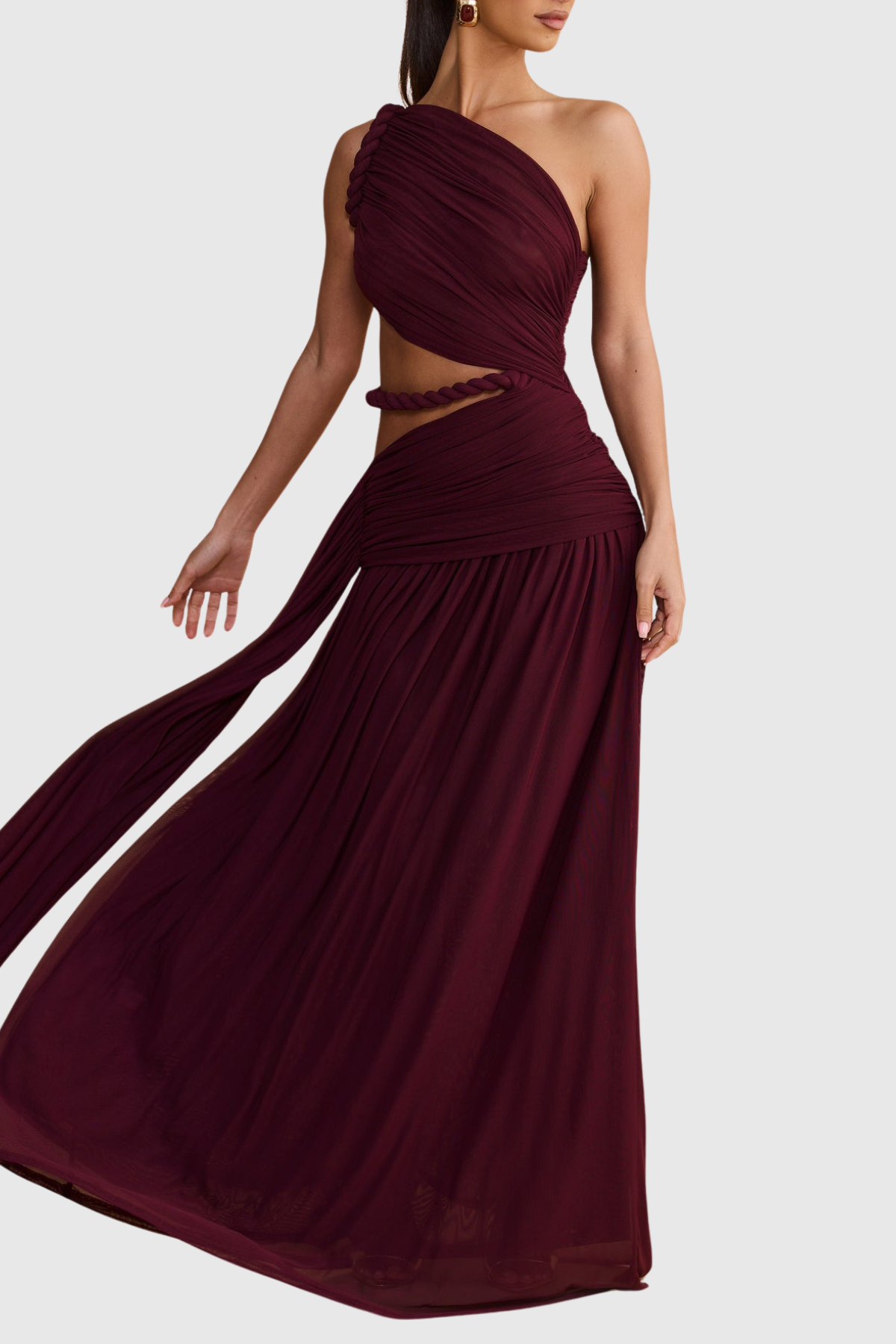 Vespera Asymmetric Cutout Rope Ruched Maxi Dress - Wine