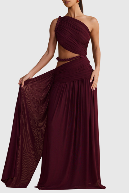 Vespera Asymmetric Cutout Rope Ruched Maxi Dress - Wine