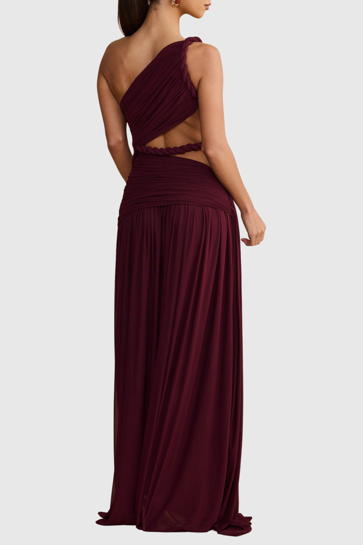 Vespera Asymmetric Cutout Rope Ruched Maxi Dress - Wine