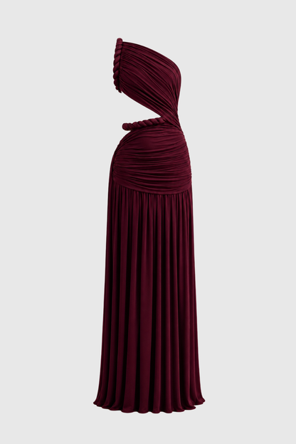 Vespera Asymmetric Cutout Rope Ruched Maxi Dress - Wine