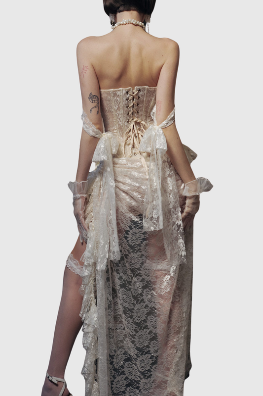 Viggo Lace Pearl Embellished Corset & Mini Skirt Set - White
