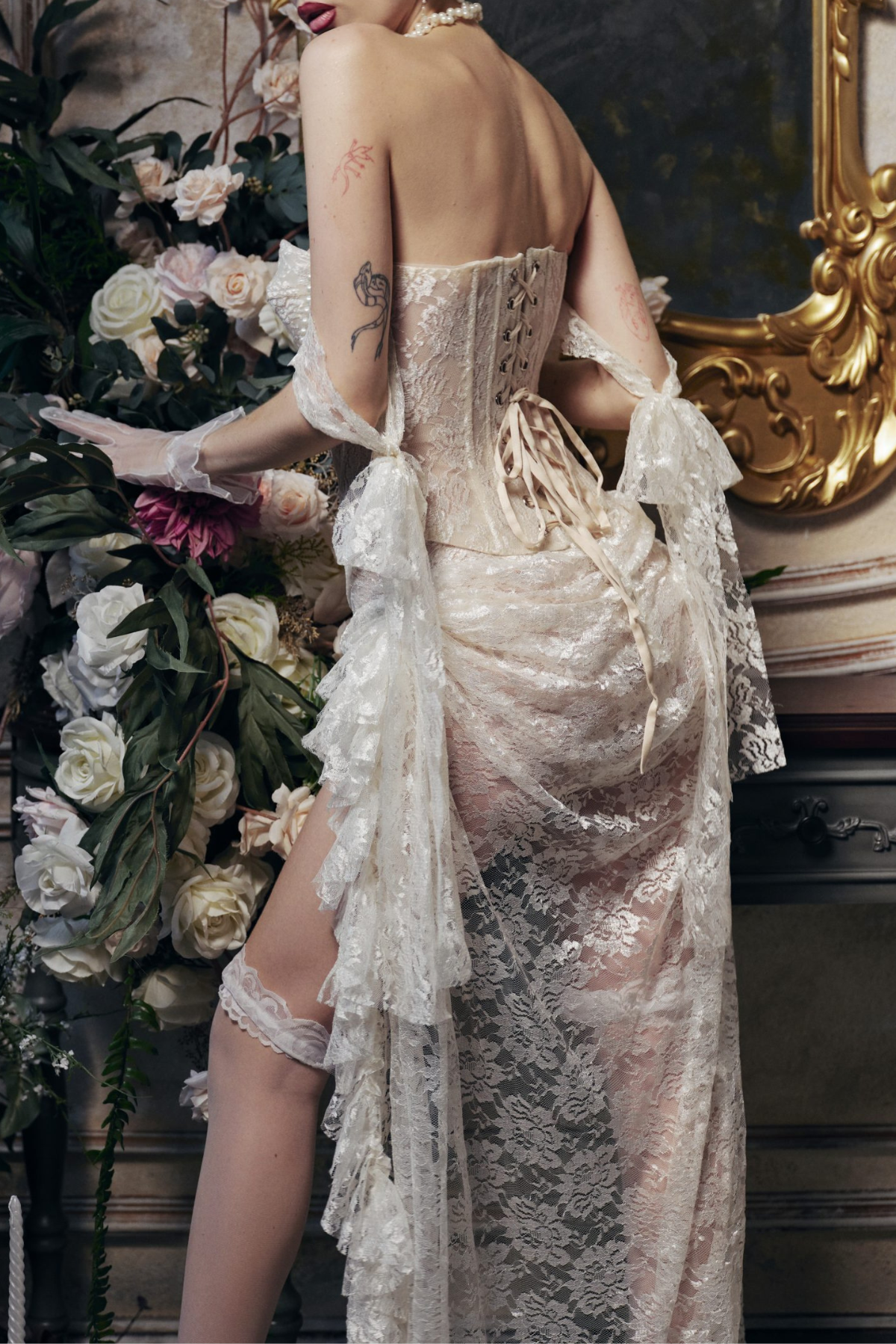 Viggo Lace Pearl Embellished Corset & Mini Skirt Set - White