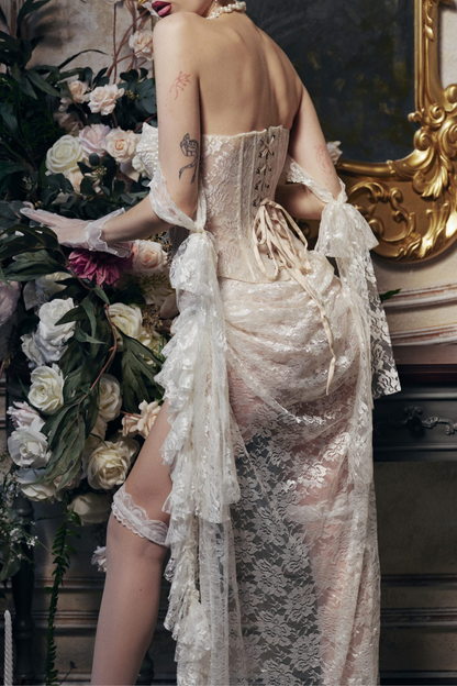 Viggo Lace Pearl Embellished Corset & Mini Skirt Set - White
