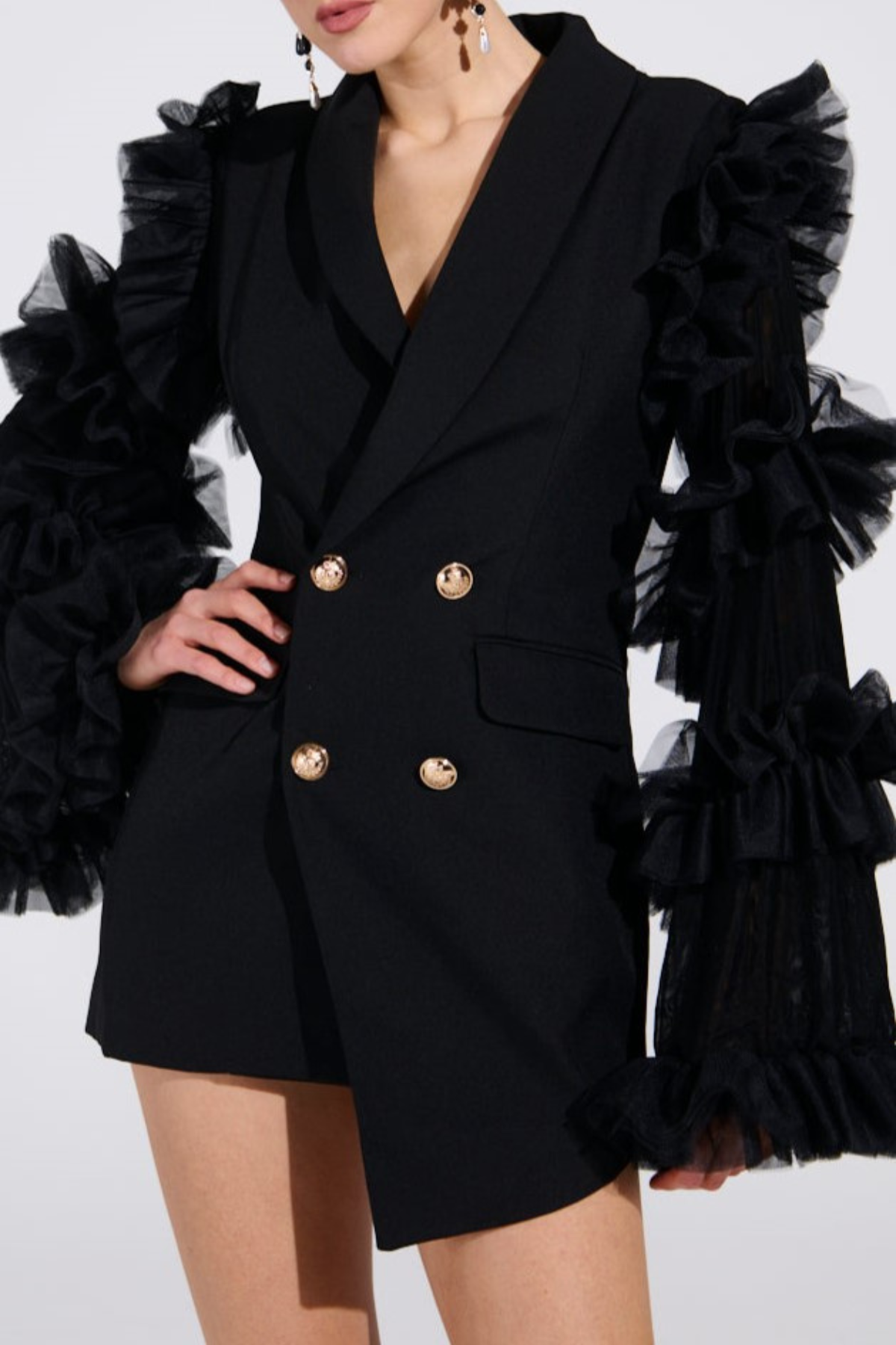 Viha Ruffle Sleeve Blazer Mini Dress - Black