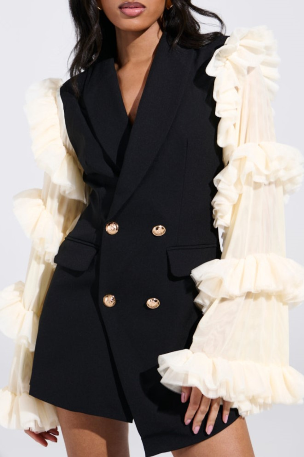 Viha Ruffle Sleeve Blazer Mini Dress - Black&Beige