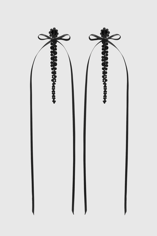 Vihoa Bow Ribbon Crystal Beaded Drip Earrings - Black