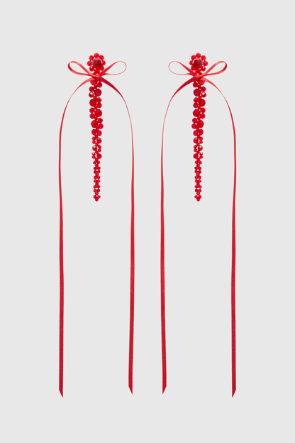 Vihoa Bow Ribbon Crystal Beaded Drip Earrings - Red
