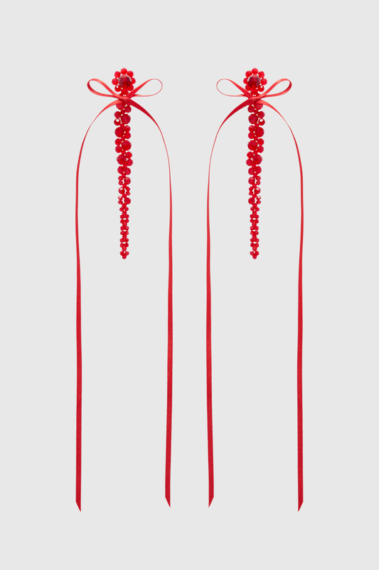 Vihoa Bow Ribbon Crystal Beaded Drip Earrings - Red