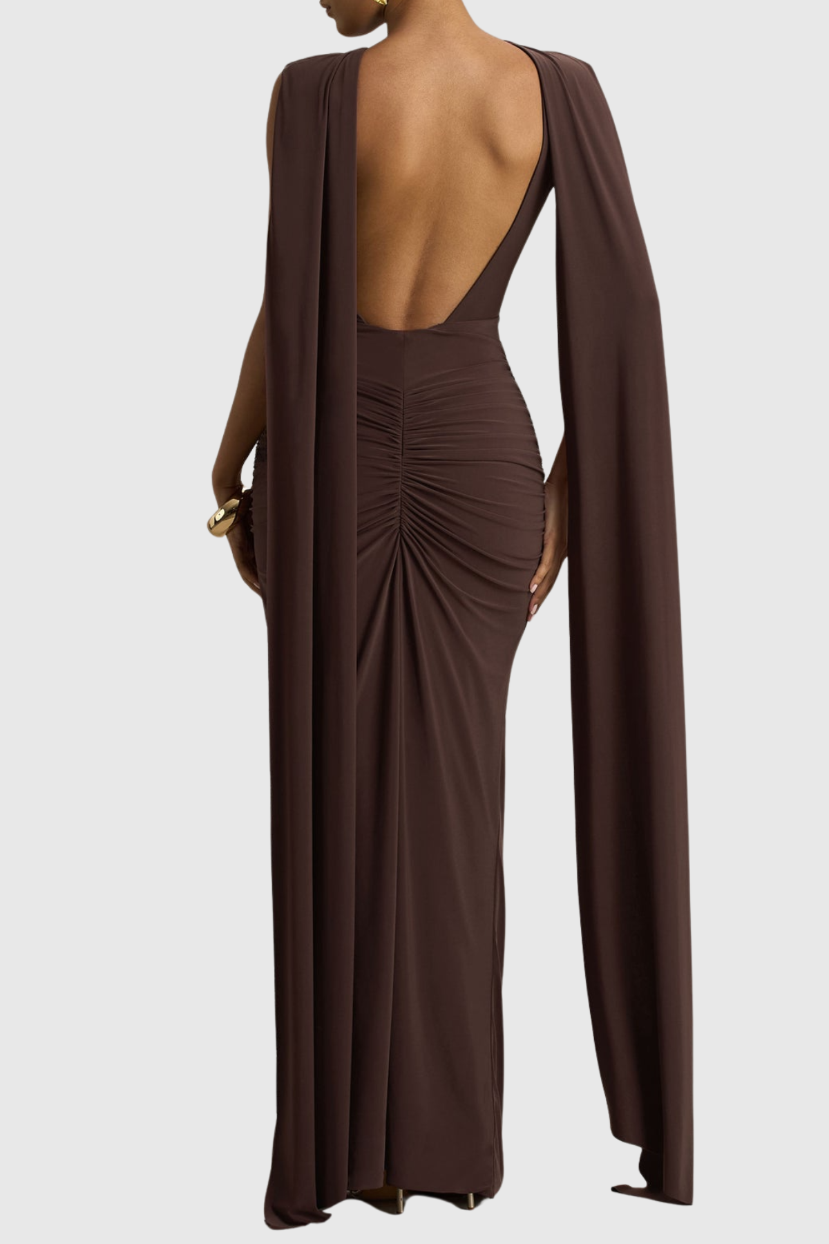 Vilma Cape Sleeves Ruched Maxi Dress - Brown