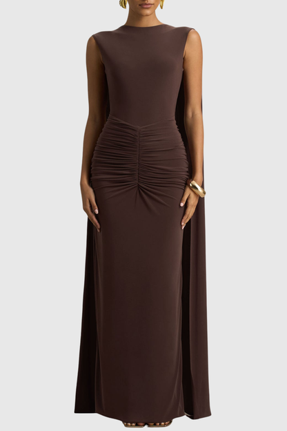 Vilma Cape Sleeves Ruched Maxi Dress - Brown