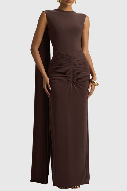 Vilma Cape Sleeves Ruched Maxi Dress - Brown
