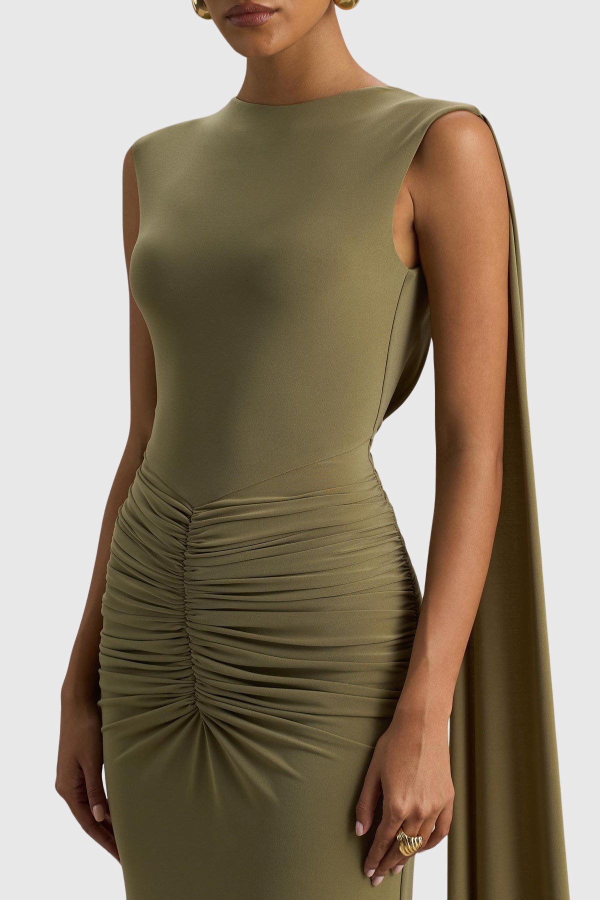 Vilma Cape Sleeves Ruched Maxi Dress - Green