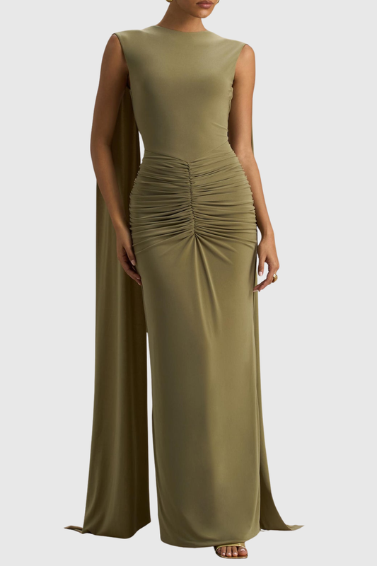 Vilma Cape Sleeves Ruched Maxi Dress - Green