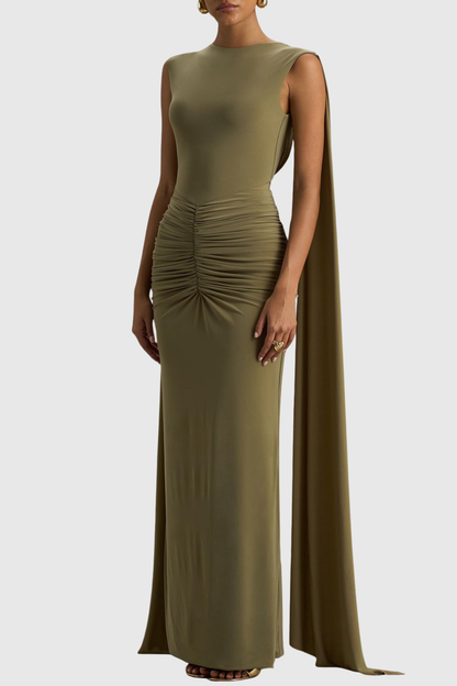 Vilma Cape Sleeves Ruched Maxi Dress - Green