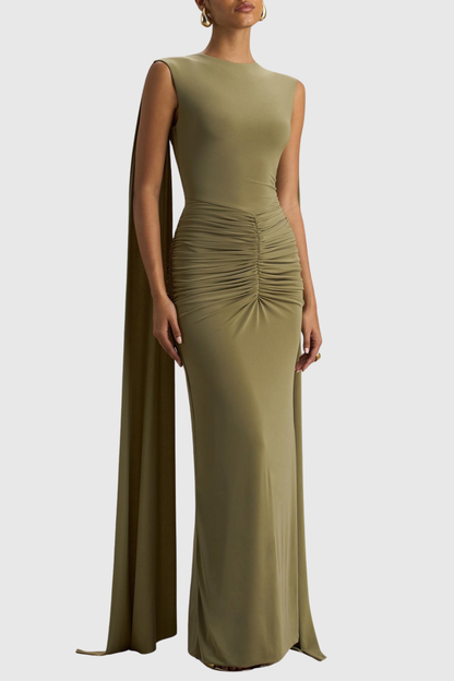 Vilma Cape Sleeves Ruched Maxi Dress - Green