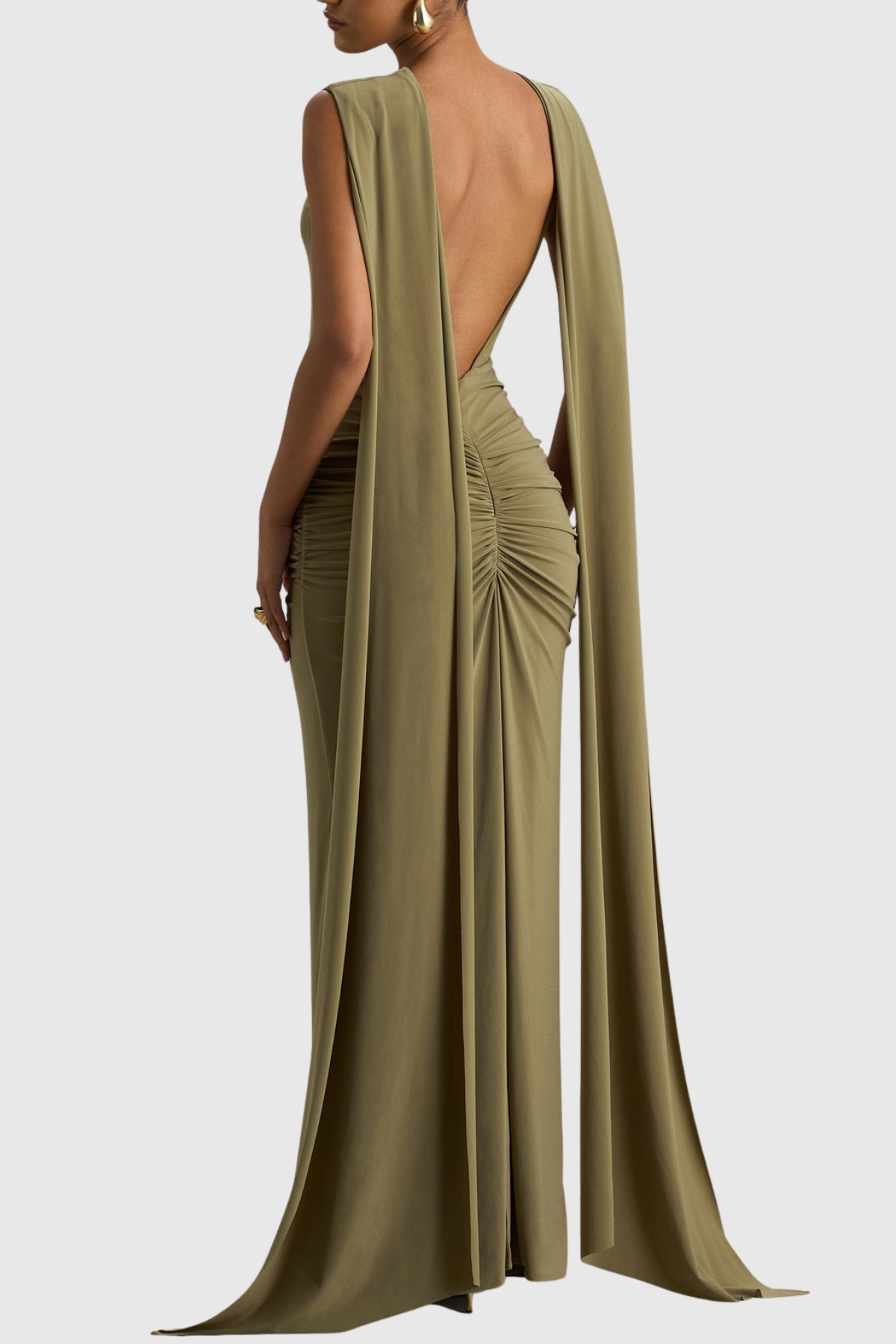 Vilma Cape Sleeves Ruched Maxi Dress - Green