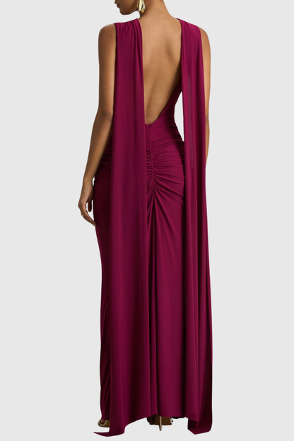 Vilma Cape Sleeves Ruched Maxi Dress - Purple