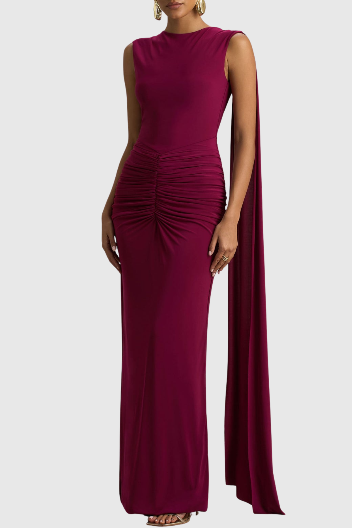 Vilma Cape Sleeves Ruched Maxi Dress - Purple