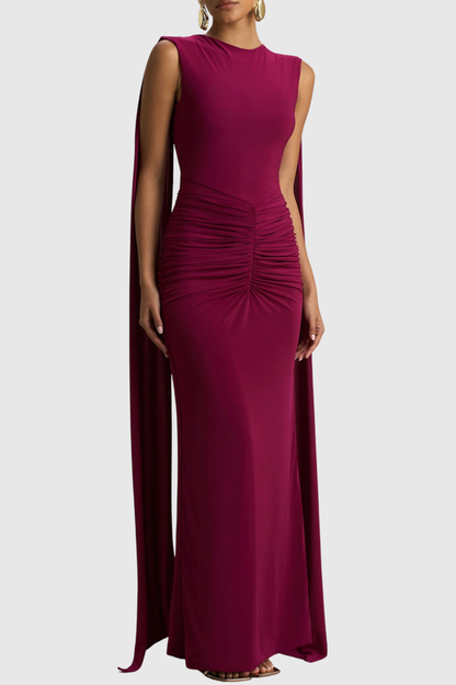 Vilma Cape Sleeves Ruched Maxi Dress - Purple