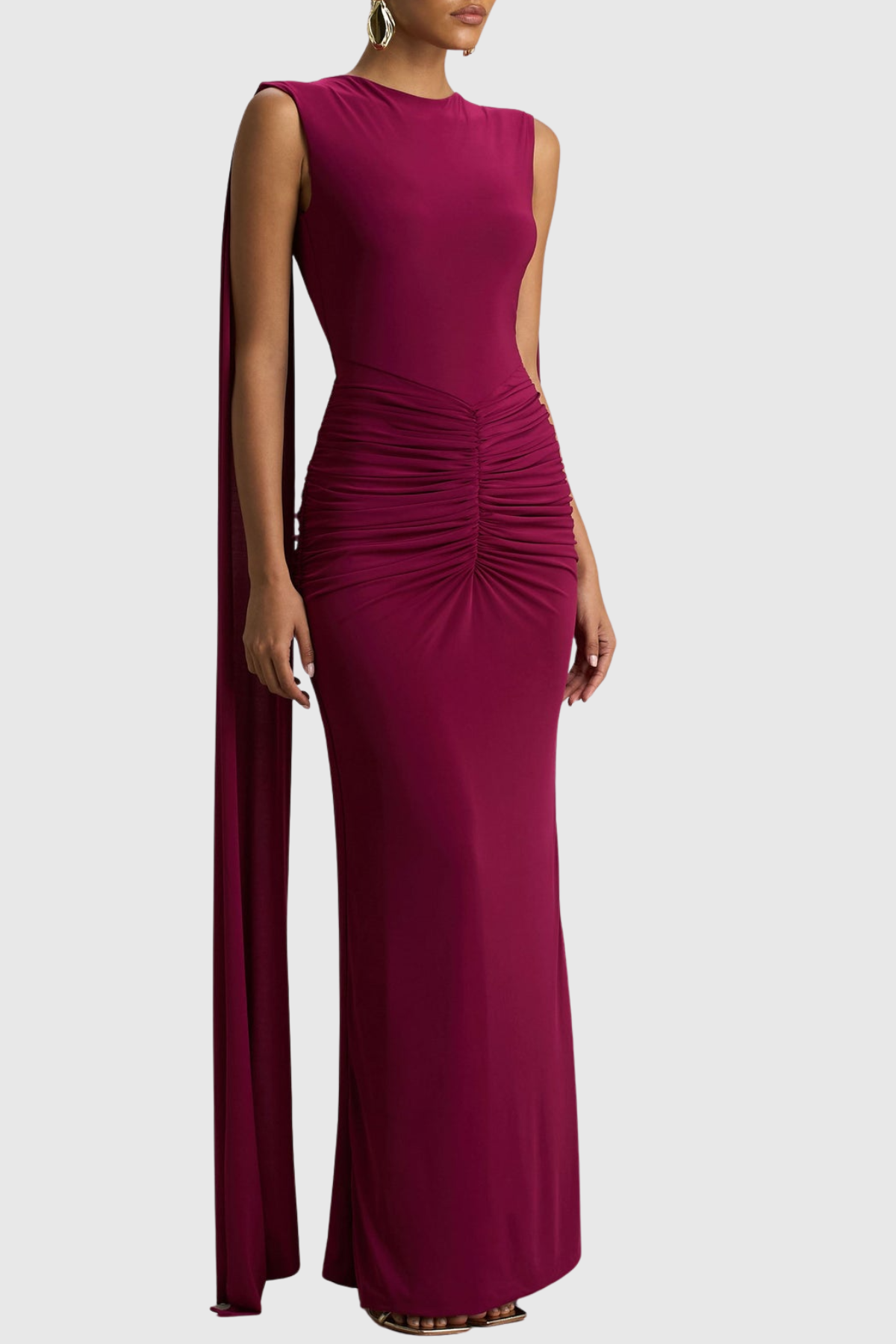 Vilma Cape Sleeves Ruched Maxi Dress - Purple