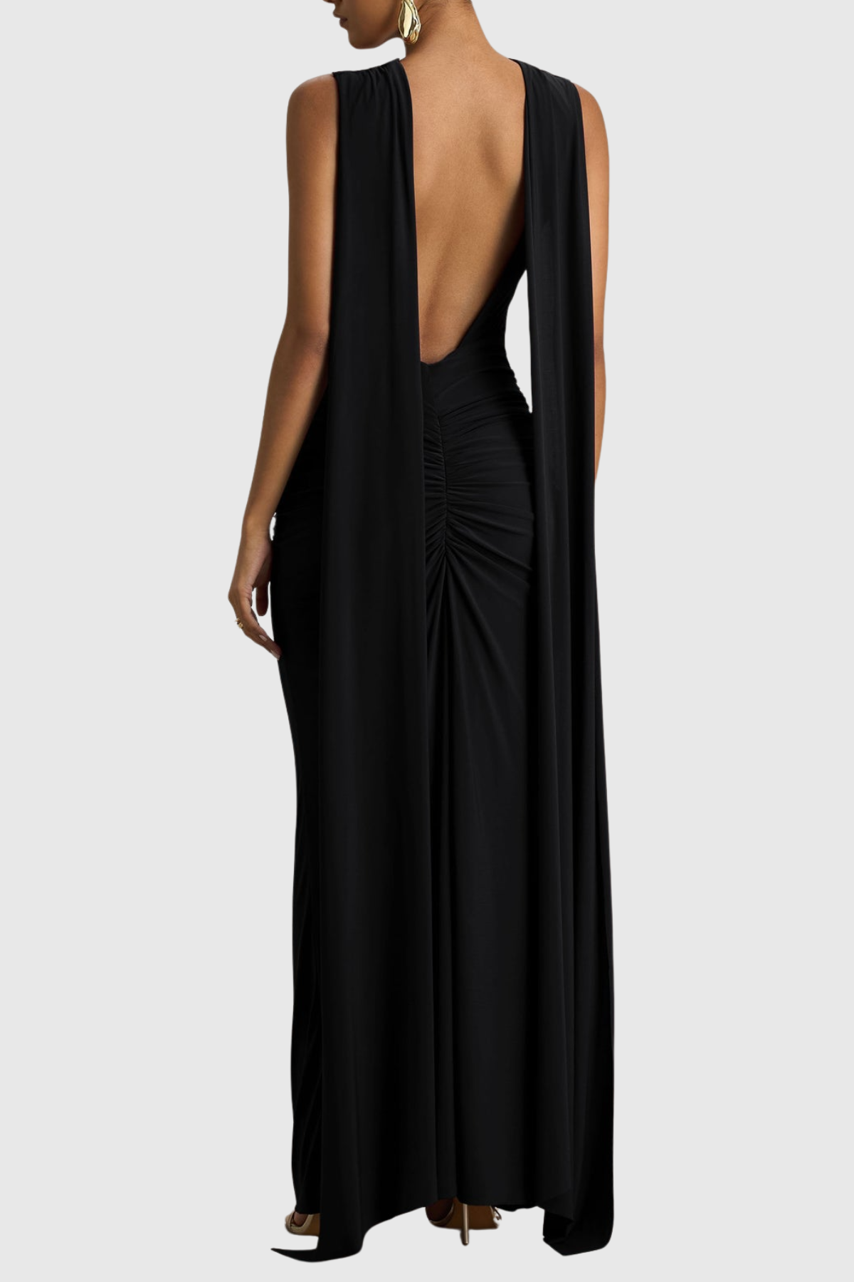 Vilma Cape Sleeves Ruched Maxi Dress - Black
