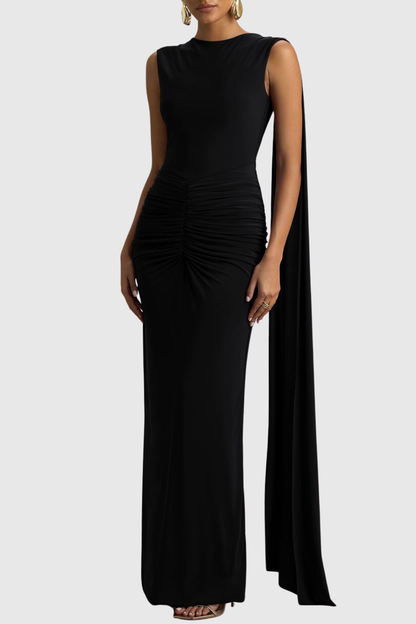 Vilma Cape Sleeves Ruched Maxi Dress - Black