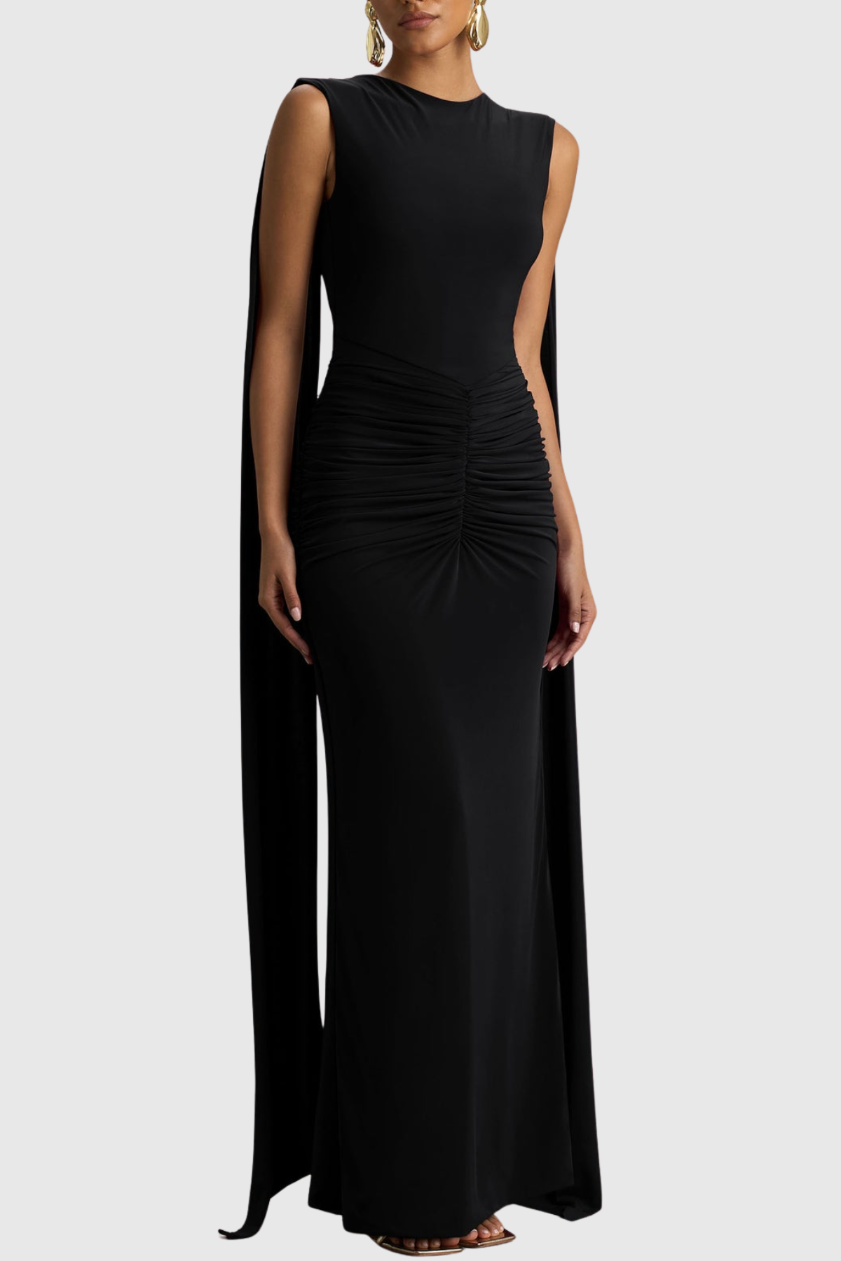 Vilma Cape Sleeves Ruched Maxi Dress - Black