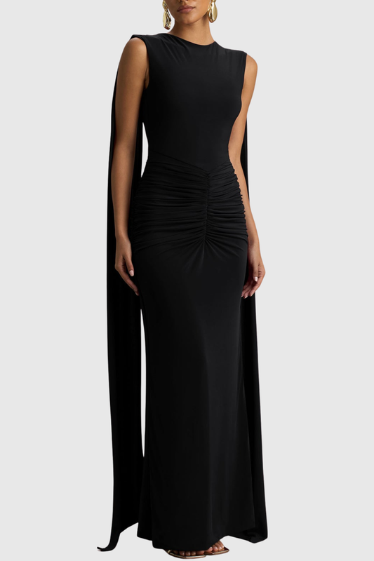 Vilma Cape Sleeves Ruched Maxi Dress - Black
