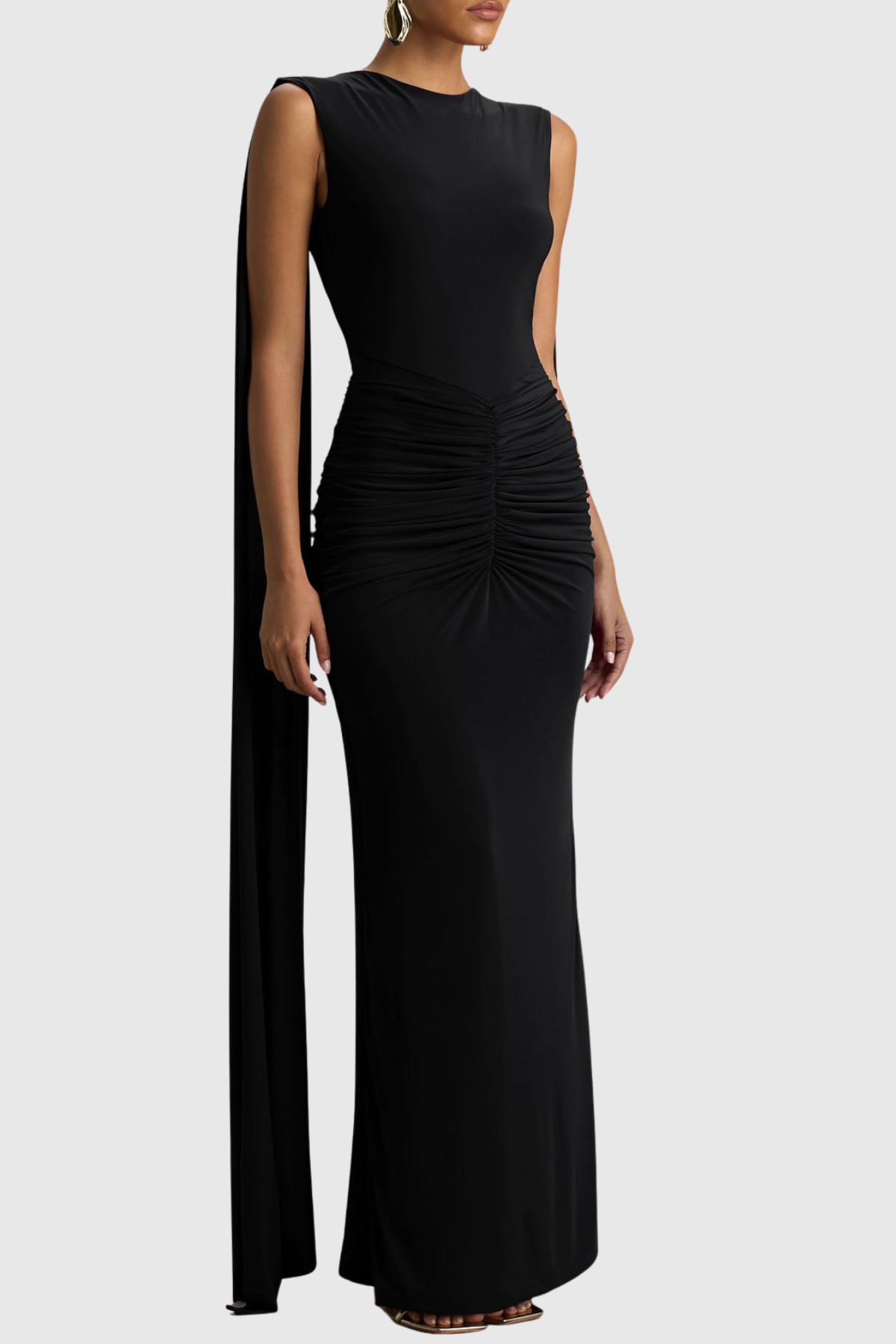 Vilma Cape Sleeves Ruched Maxi Dress - Black