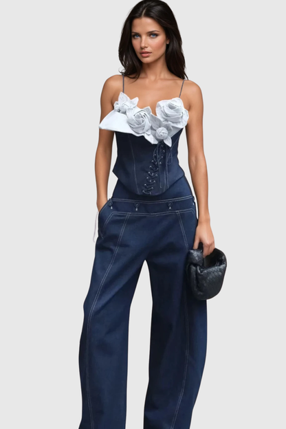 Vincia Floral Appliqué Denim Top