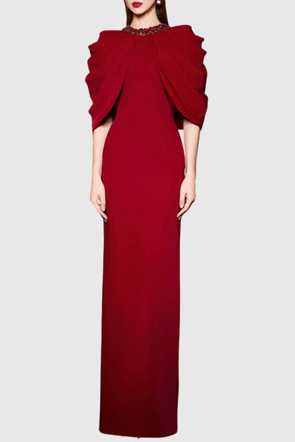 Vlado Crystal Embellished Draped Cape Maxi Dress