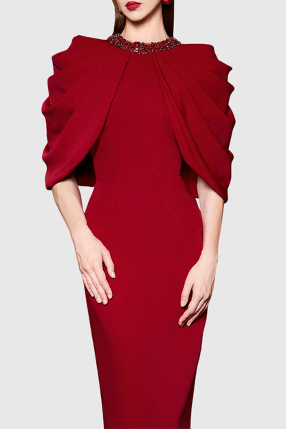 Vlado Crystal Embellished Draped Cape Maxi Dress