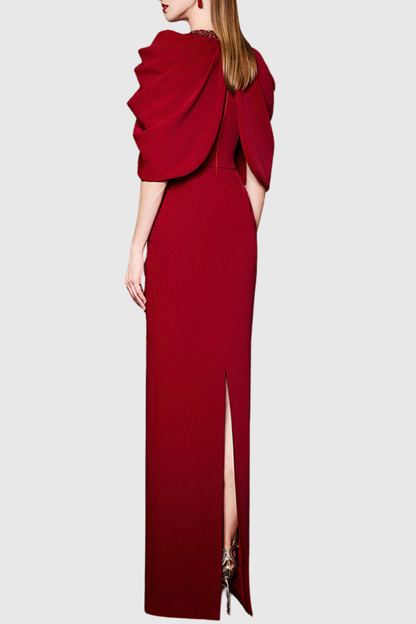 Vlado Crystal Embellished Draped Cape Maxi Dress