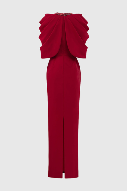 Vlado Crystal Embellished Draped Cape Maxi Dress