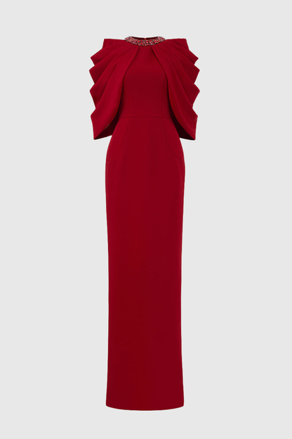 Vlado Crystal Embellished Draped Cape Maxi Dress