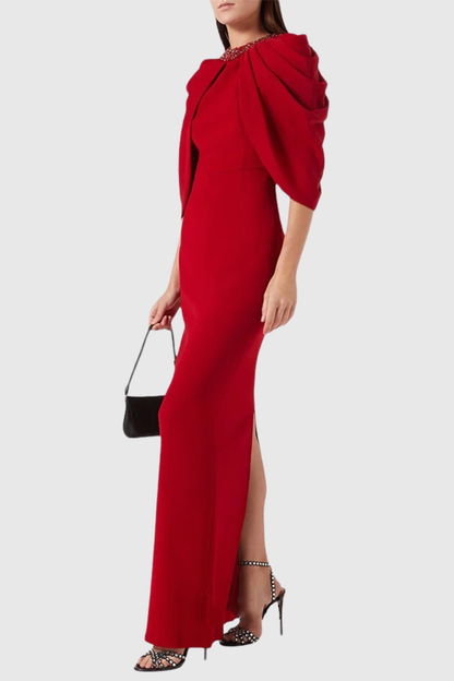 Vlado Crystal Embellished Draped Cape Maxi Dress