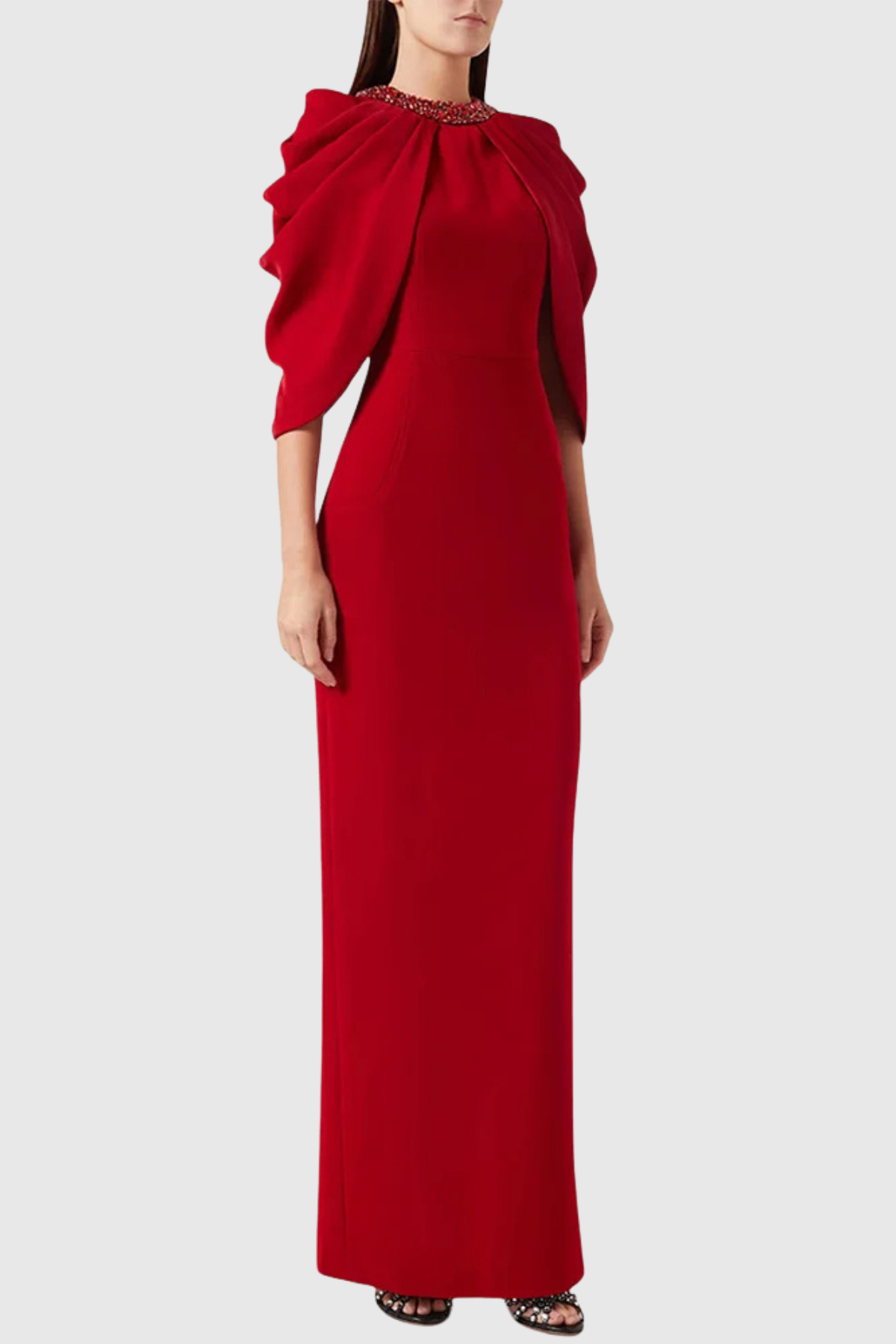 Vlado Crystal Embellished Draped Cape Maxi Dress