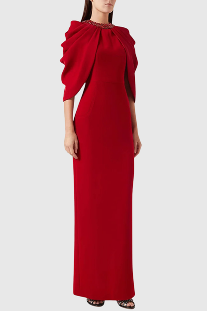 Vlado Crystal Embellished Draped Cape Maxi Dress