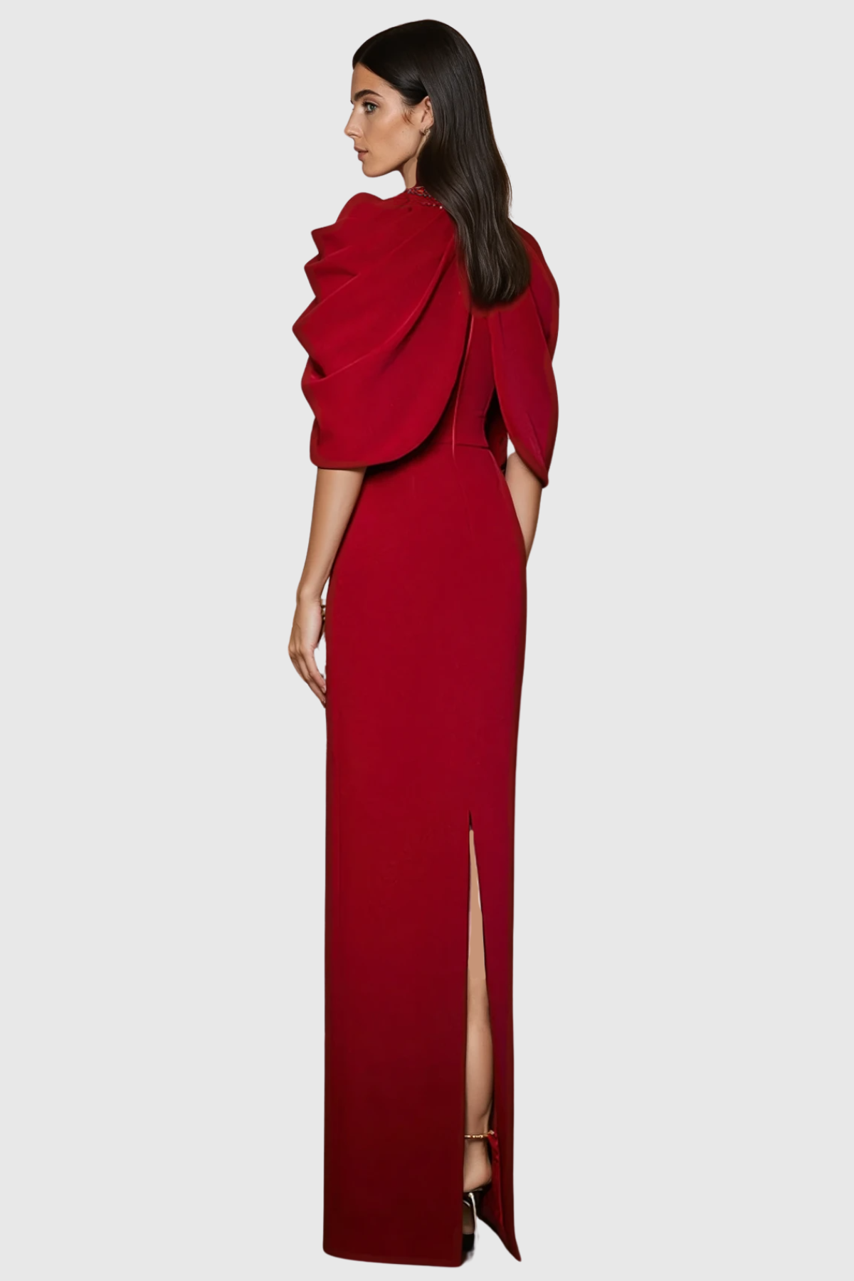 Vlado Crystal Embellished Draped Cape Maxi Dress