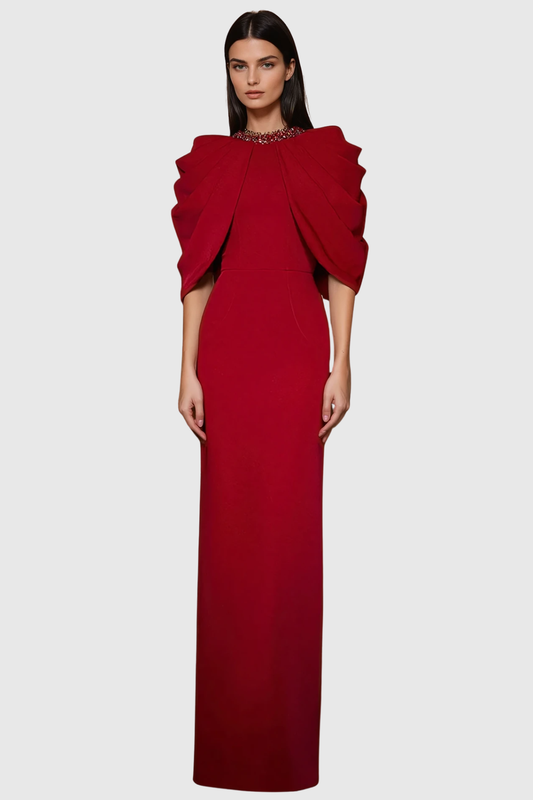 Vlado Crystal Embellished Draped Cape Maxi Dress