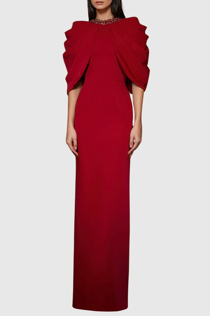 Vlado Crystal Embellished Draped Cape Maxi Dress