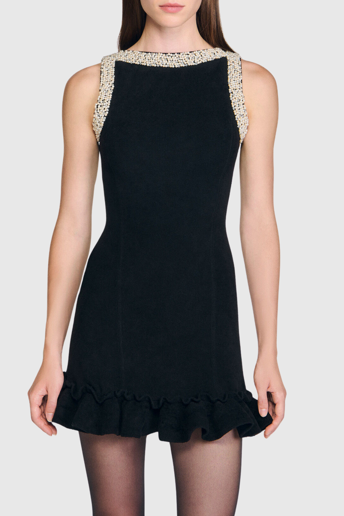 Walloa Sleeveless Pearl Embellished Knit Mini Dress