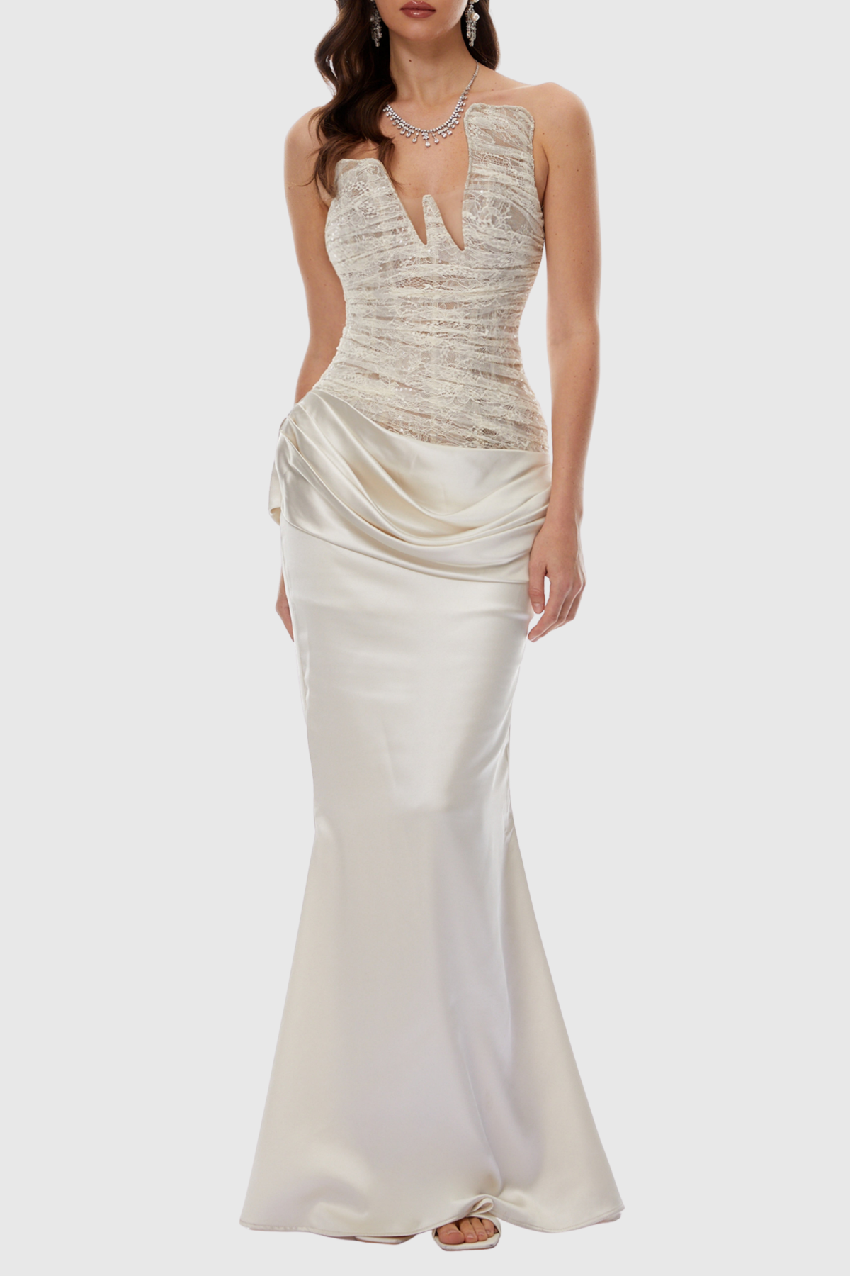 Wrena Strapless Corset Draped Maxi Dress - White